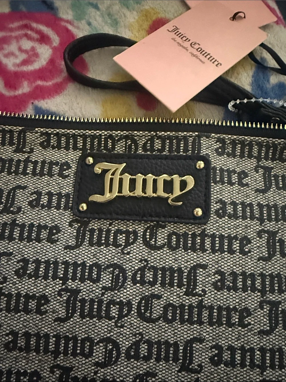 Juicy Couture Black & White Logo Zip Wristlet with Gold Plaque